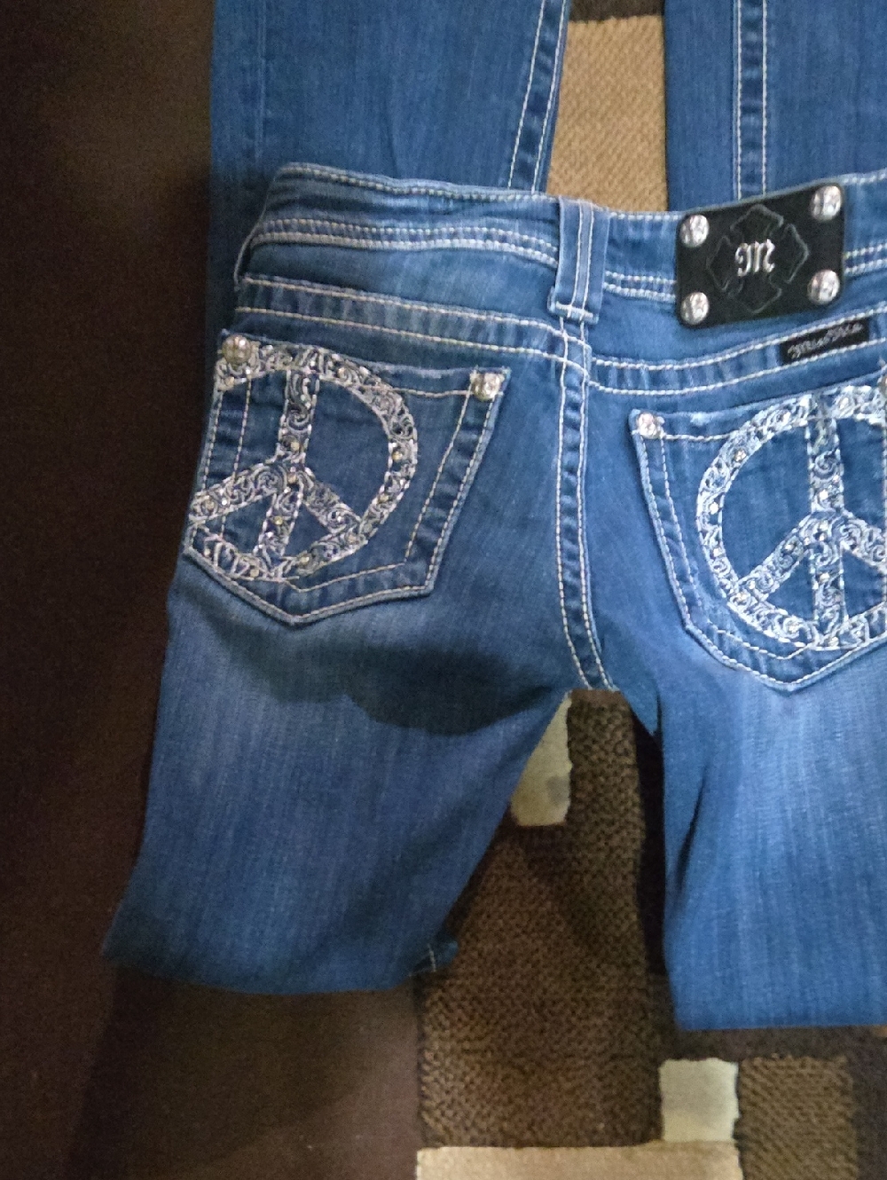 Miss Me Blue Embroidered Peace Sign Bootcut Jeans